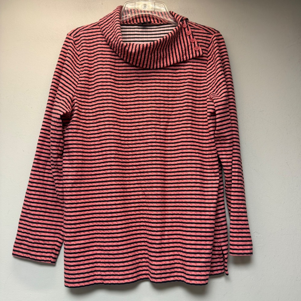 Talbots Funnel Neck Top Womens XL Pink Navy Striped Excellent Button Detail